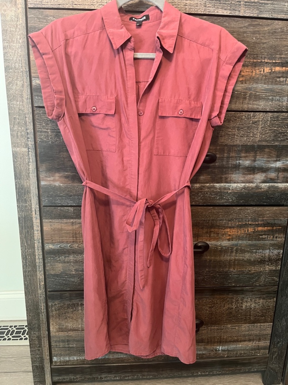 Express Dusty Rose Button-Front Midi Shirt Dress with Tie Waist